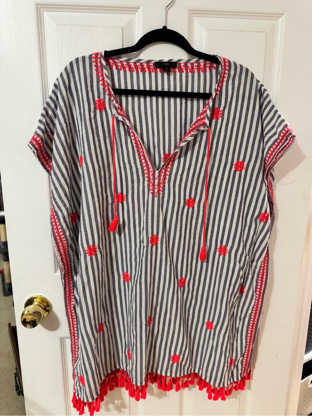 J.Crew Striped Embroidered Tassel Beach Cover-Up Tunic Top | Size Medium Coastal